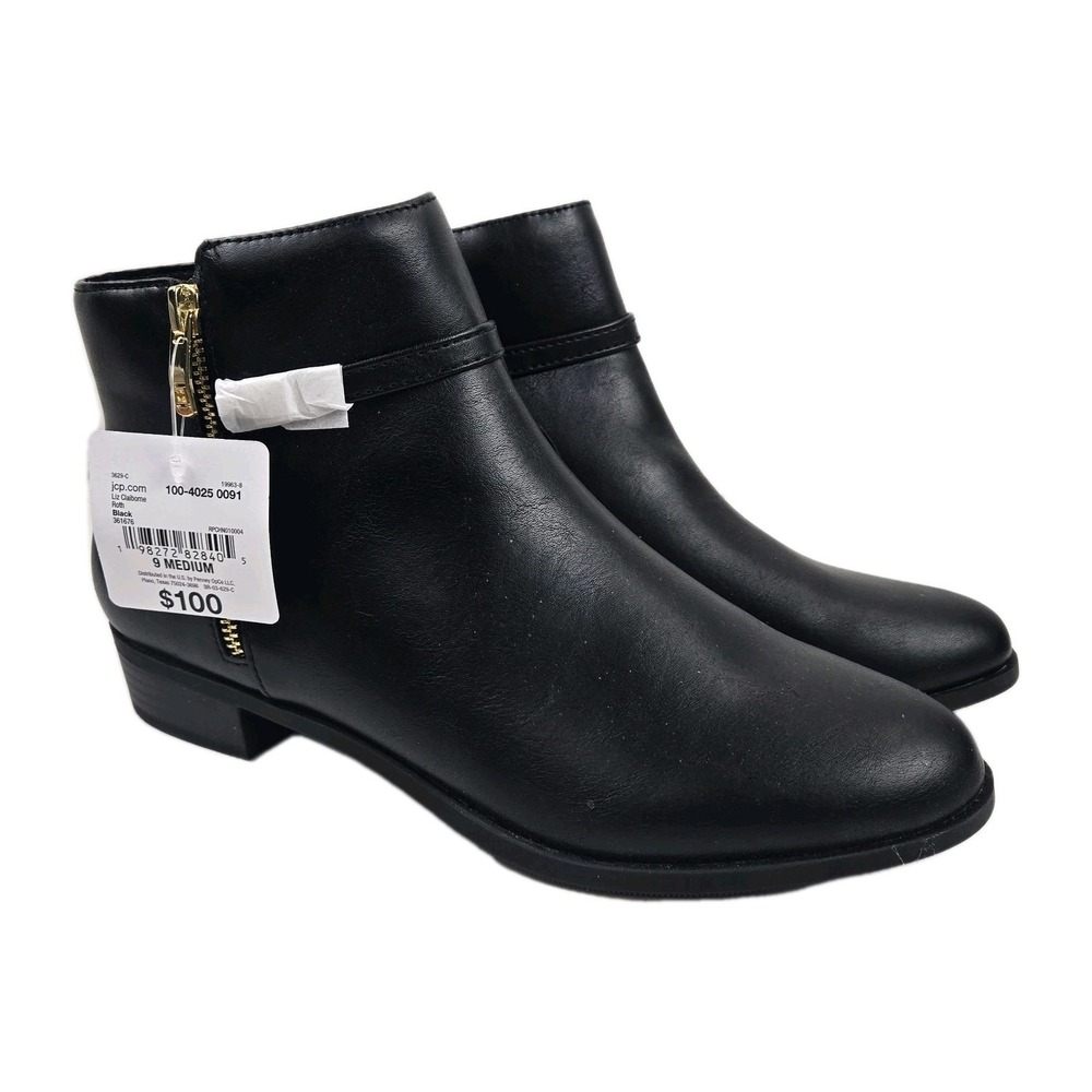 NWT Liz Claiborne LC Roth Black Ankle Boots Women's 9M Memory Foam Gold Zippers